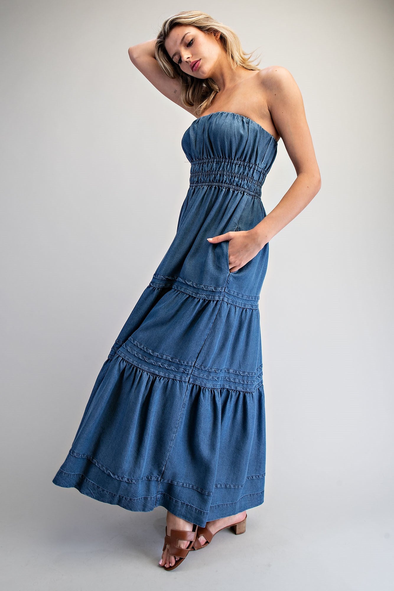 Denim strapless maxi
