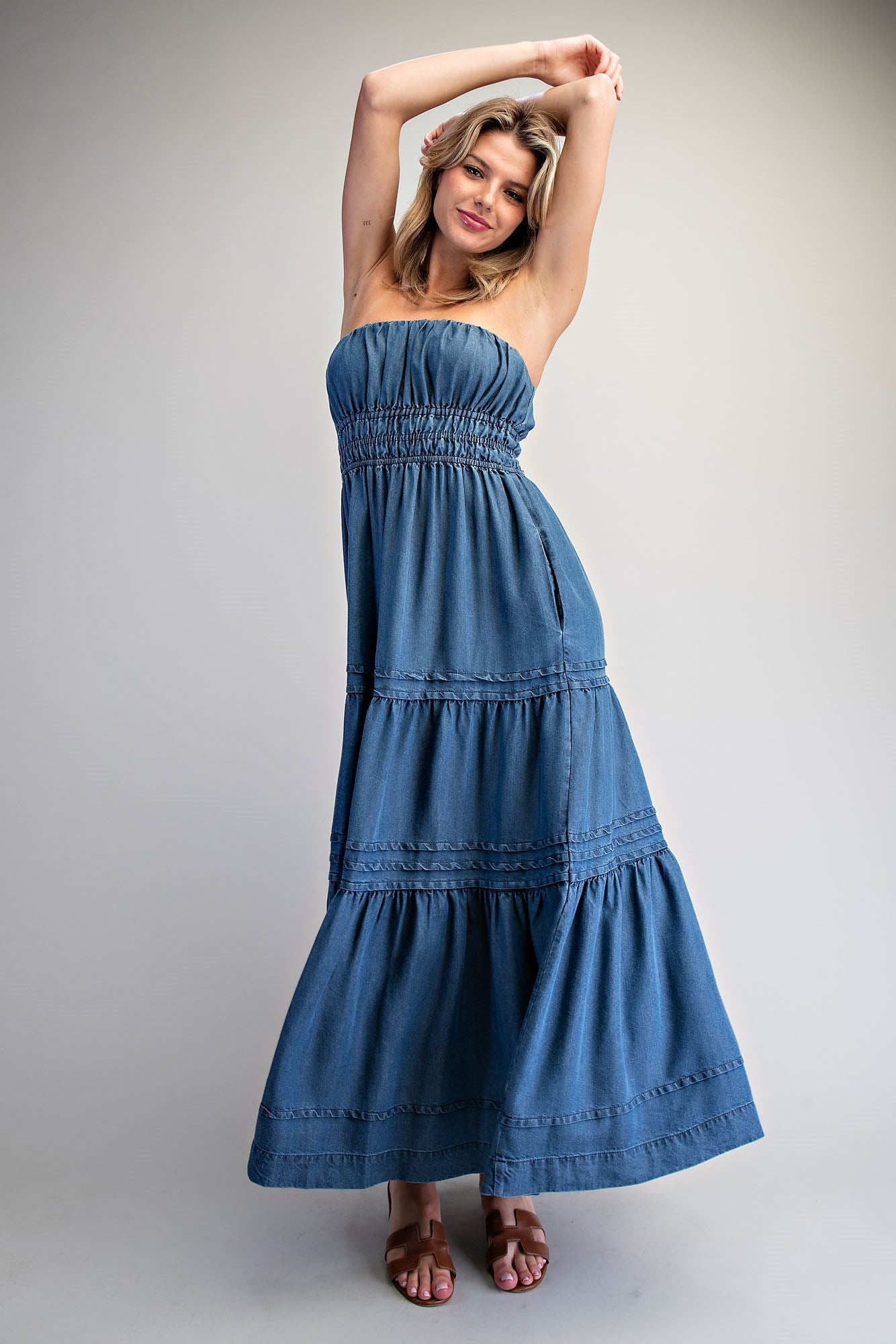 Denim strapless maxi