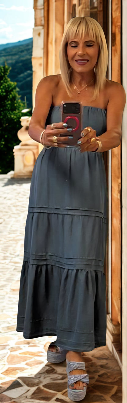 Denim strapless maxi