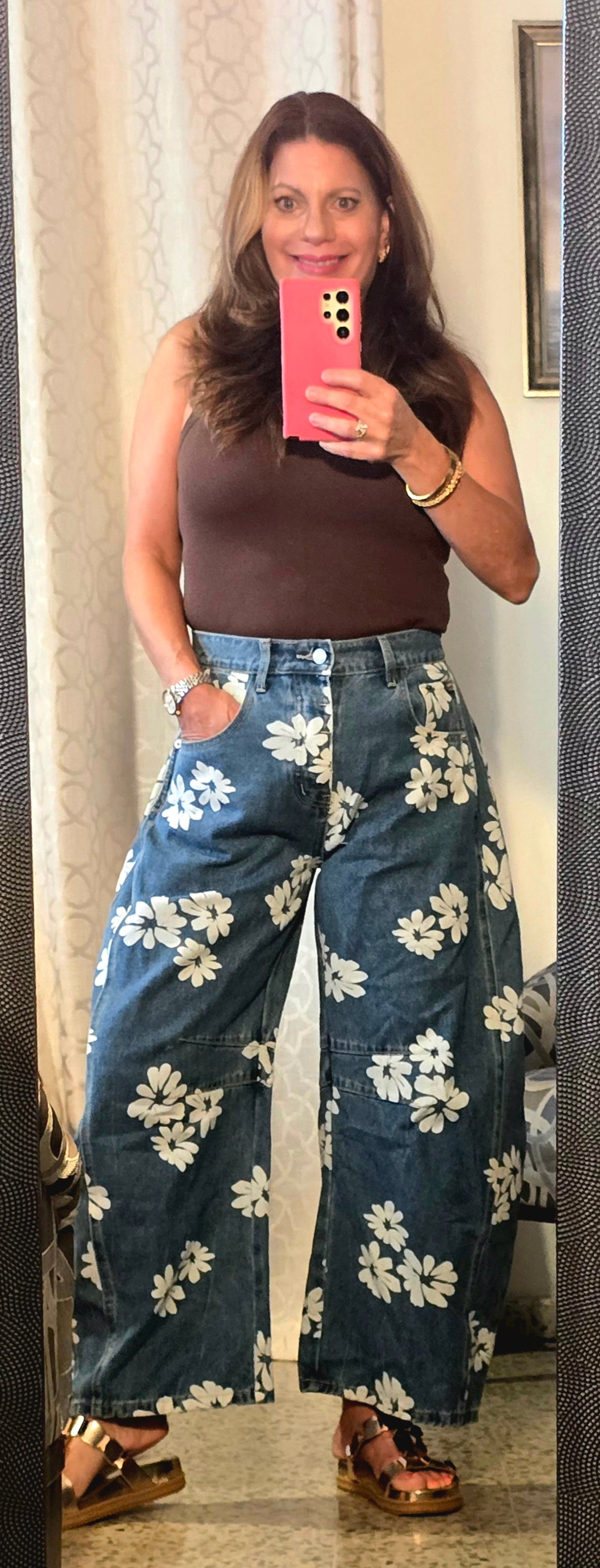 Floral Printed Barrel Jeans