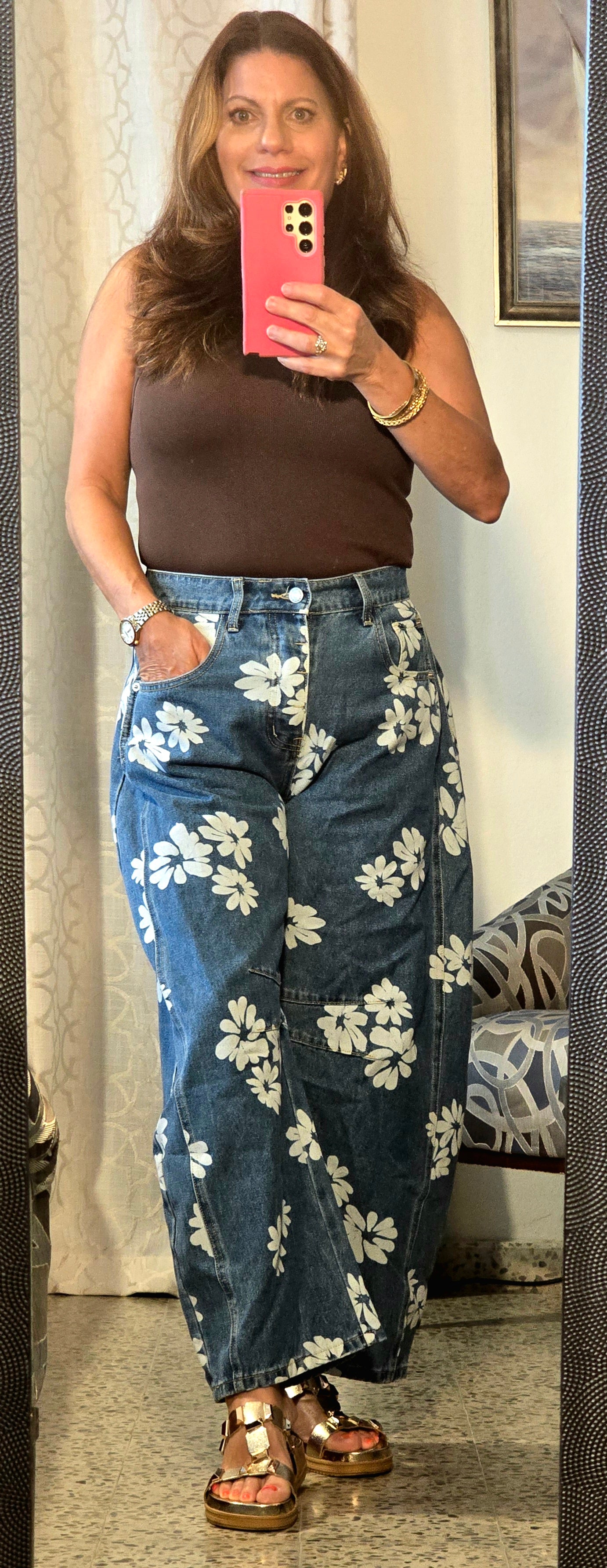Floral Printed Barrel Jeans