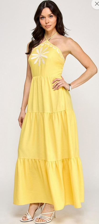 Halter neck Embroidery Maxi Dress