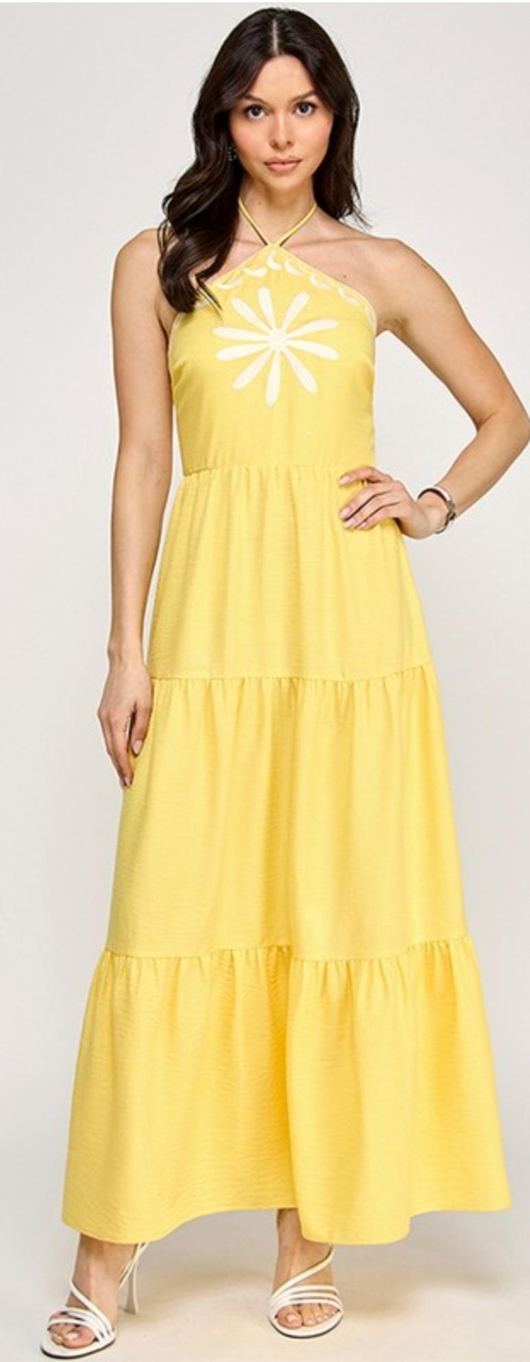 Halter neck Embroidery Maxi Dress
