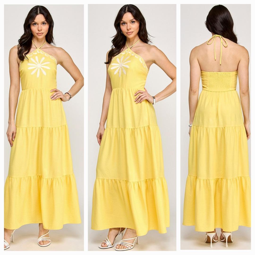 Halter neck Embroidery Maxi Dress