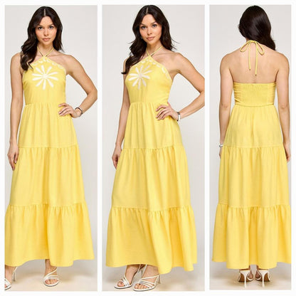 Halter neck Embroidery Maxi Dress