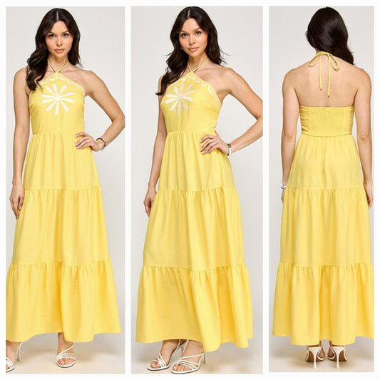 Halter neck Embroidery Maxi Dress