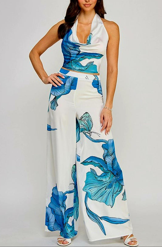 Halter Neck Cowl Draped Top With Pants Set