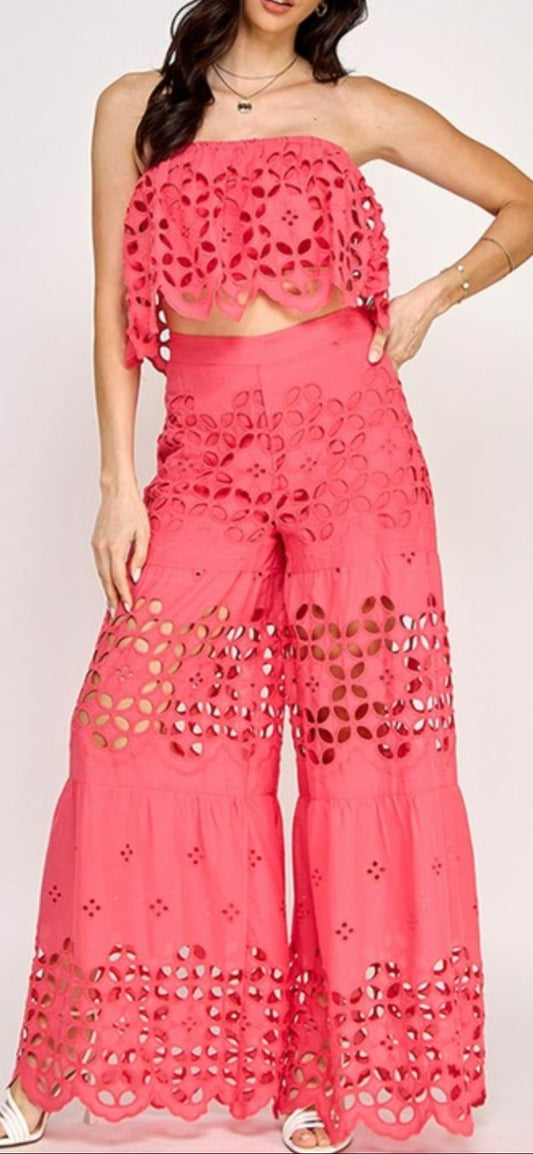 Lace Ruffle Detail Tube Top with Tiered Pants Set
