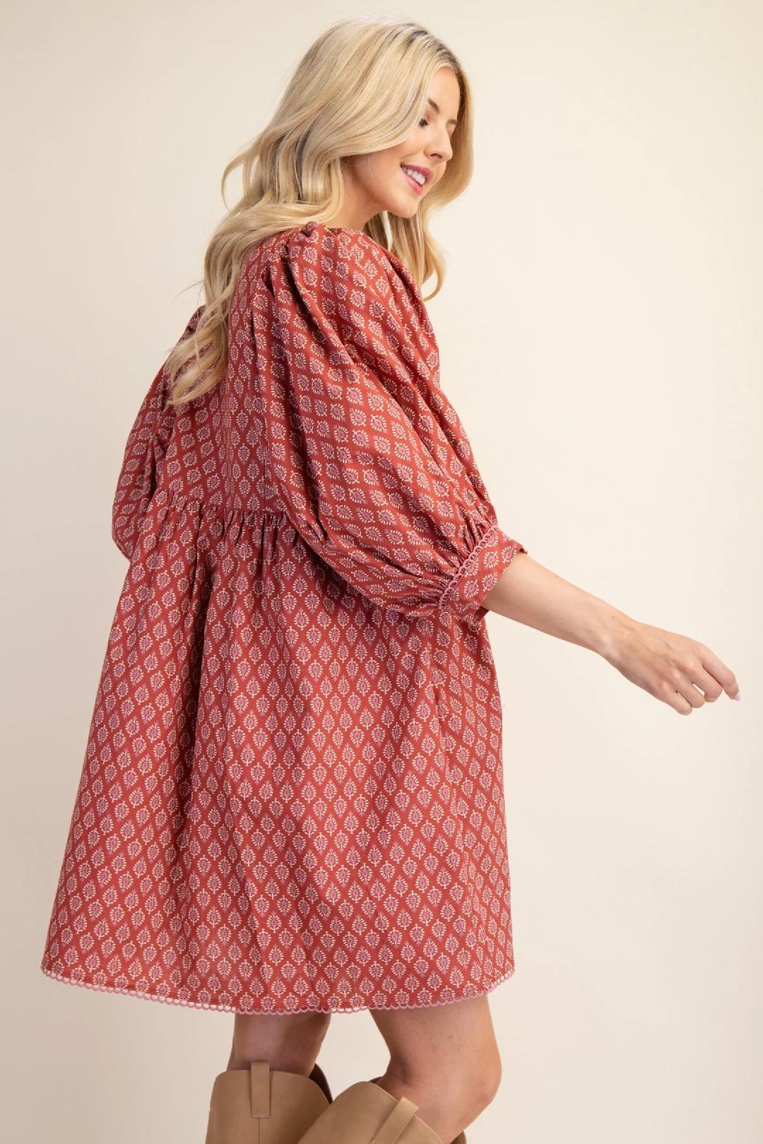 Printed Mini Babydoll Dress with Puff Sleeves and a Lace Trim