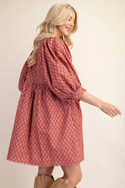 Printed Mini Babydoll Dress with Puff Sleeves and a Lace Trim