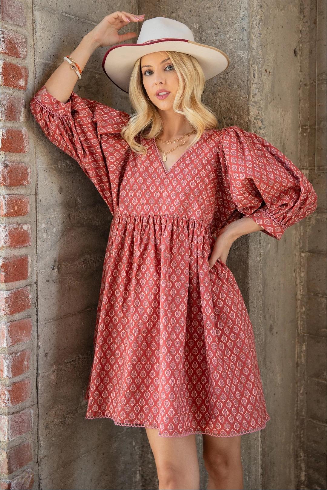 Printed Mini Babydoll Dress with Puff Sleeves and a Lace Trim