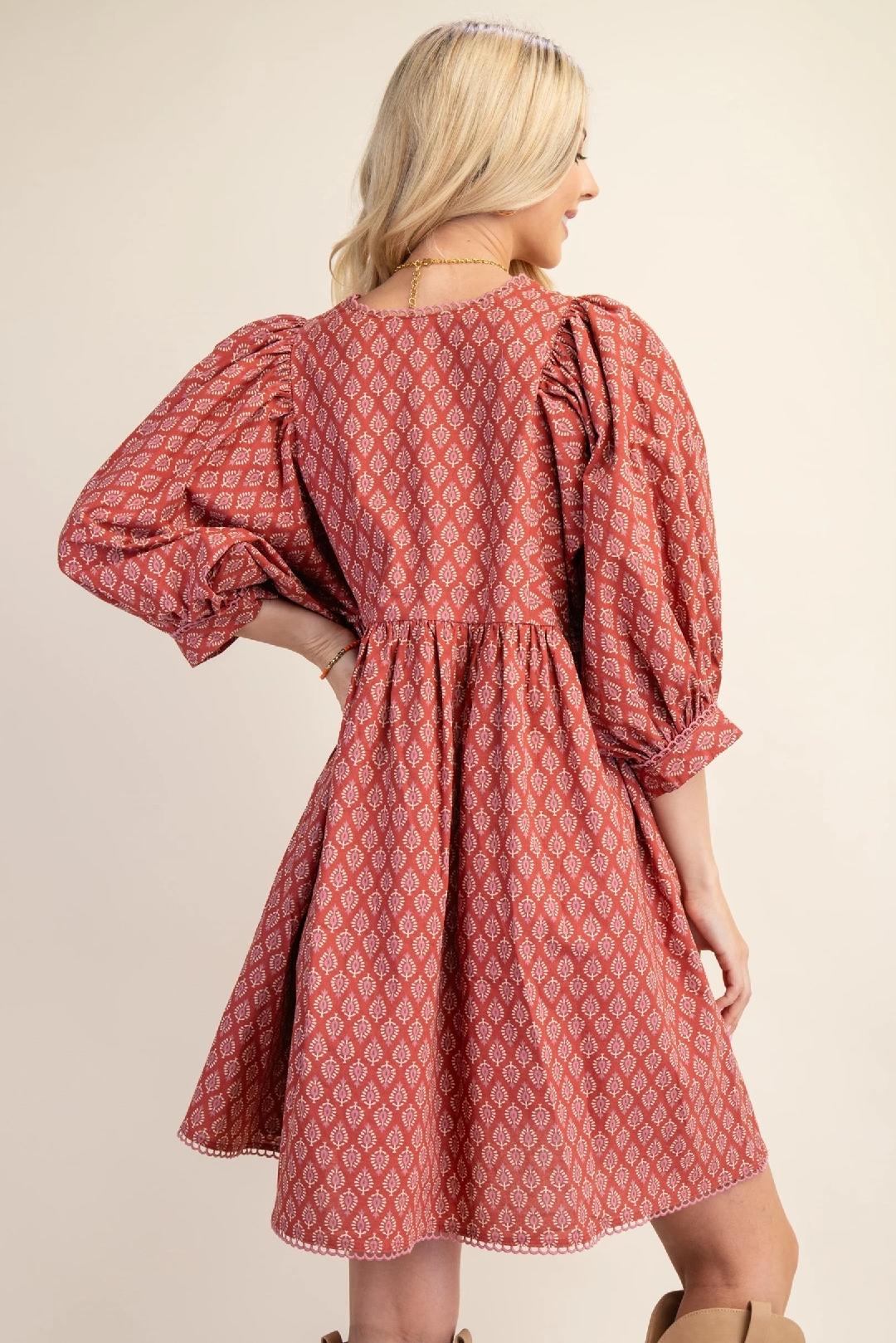 Printed Mini Babydoll Dress with Puff Sleeves and a Lace Trim