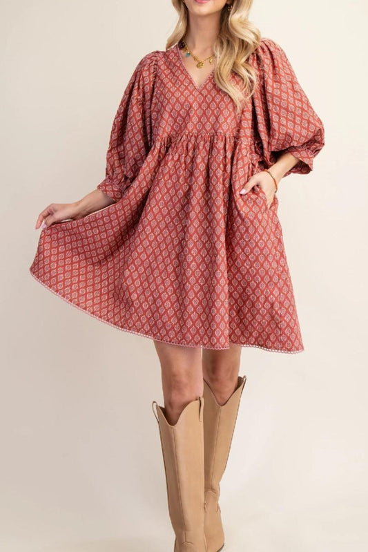 Printed Mini Babydoll Dress with Puff Sleeves and a Lace Trim